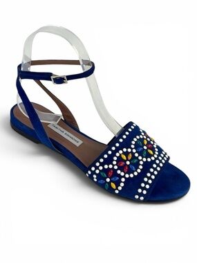 TABITHA SIMMONS GEOMETRIC STUDDED BLUE SUEDE LEATHER ANKLE WRAP SANDAL